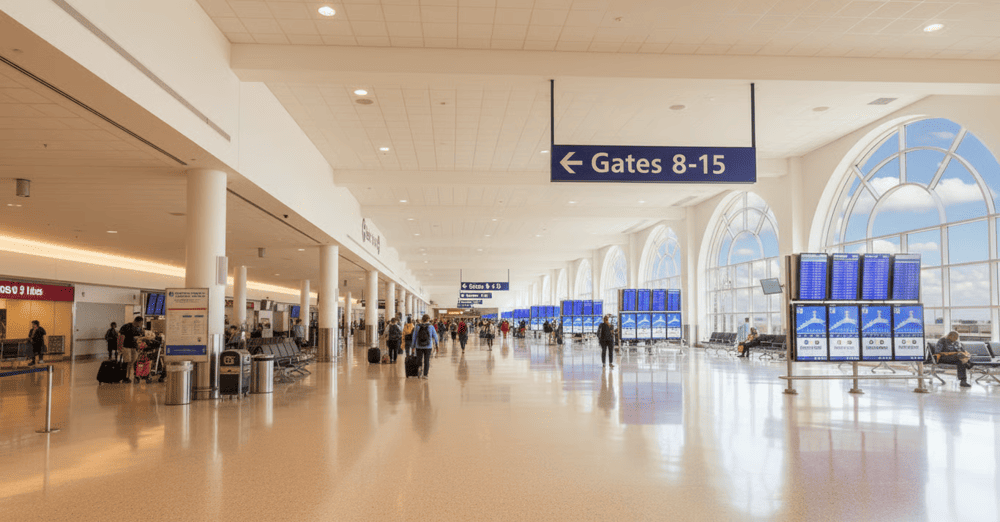 Tại sân bay có các biển chỉ dẫn, bảng thông báo chuyến bay rõ ràng